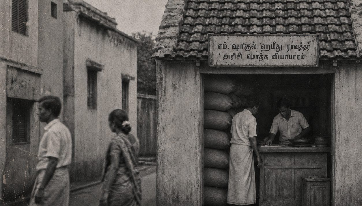 The original tiled-roof shop on Rangai Gowder Street in 1963, with a hand-painted Tamil board and sacks of rice stacked inside