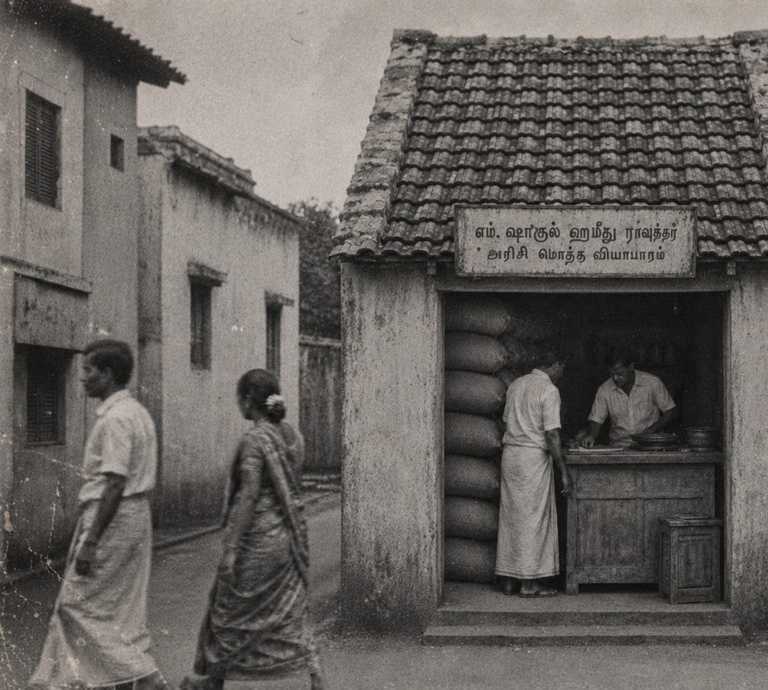 The shop in 1965, its open front lined wall to wall with stacked rice sacks